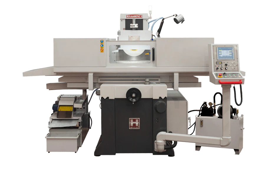 Rectificadora de superficies planas CNC Heller RSA 600NC1 con panel de control digital articulado y sistema de muela abrasiva visible.