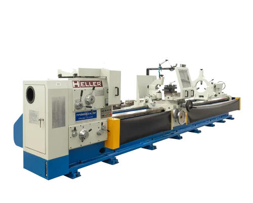 Torno paralelo industrial Heller TPG 850 X 5000 / ENGINE LATHE sobre base azul, con cabezal de control, bancada de protección y luneta, aislado sobre fondo blanco.
